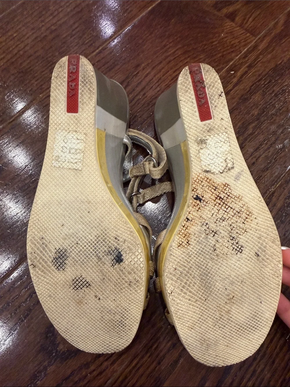 Prada Beige and Silver Platform T-Strap Sandals with Yellow Sole